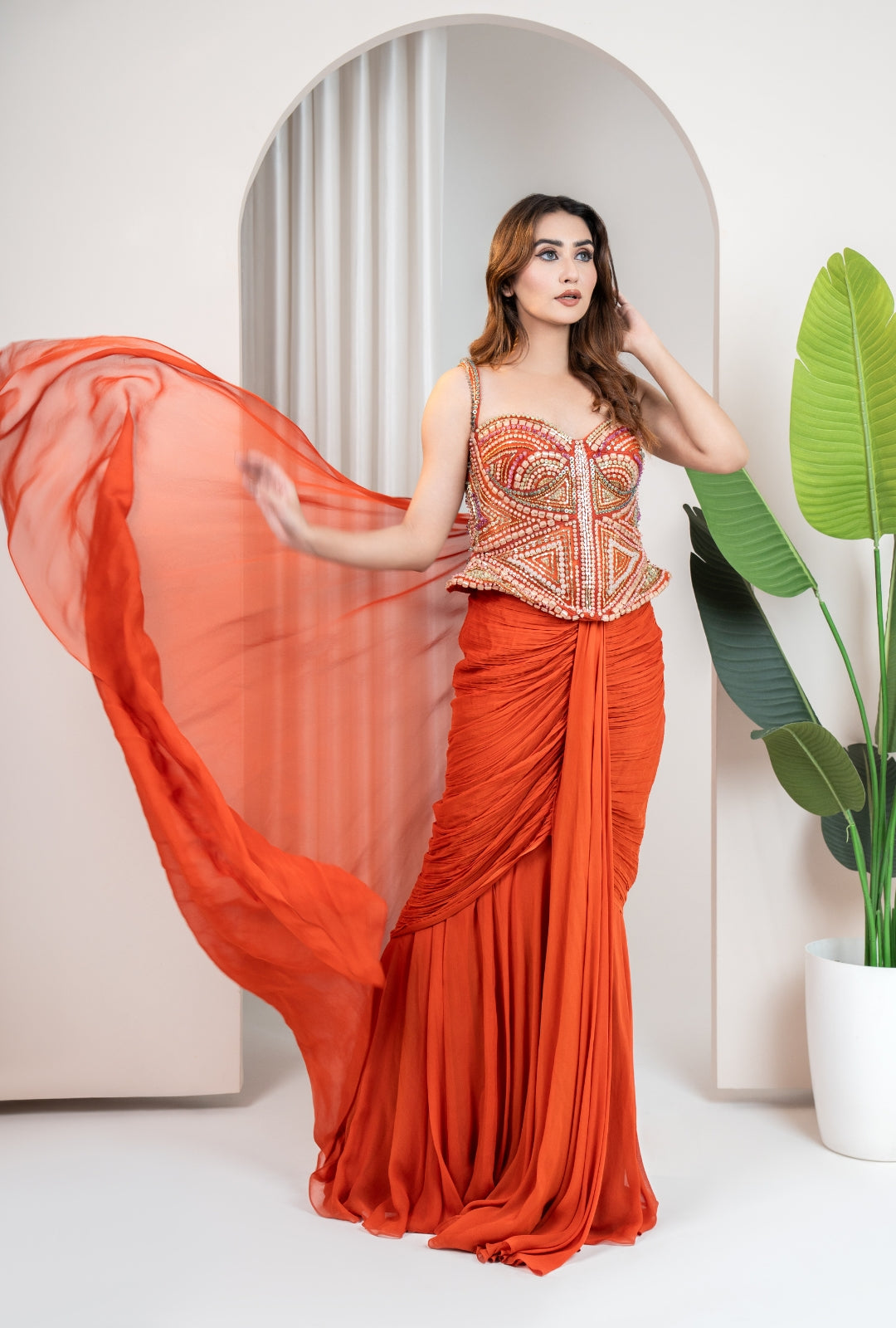 Sunset beads Corset Drape Saree