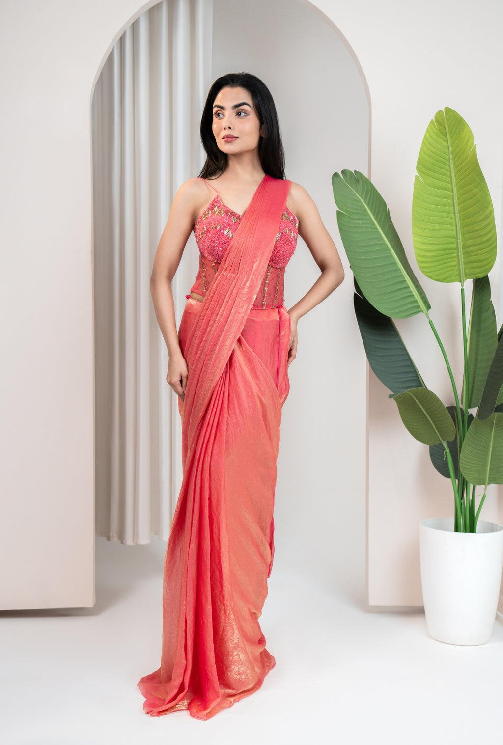 Pink Halter Corset Drape Saree