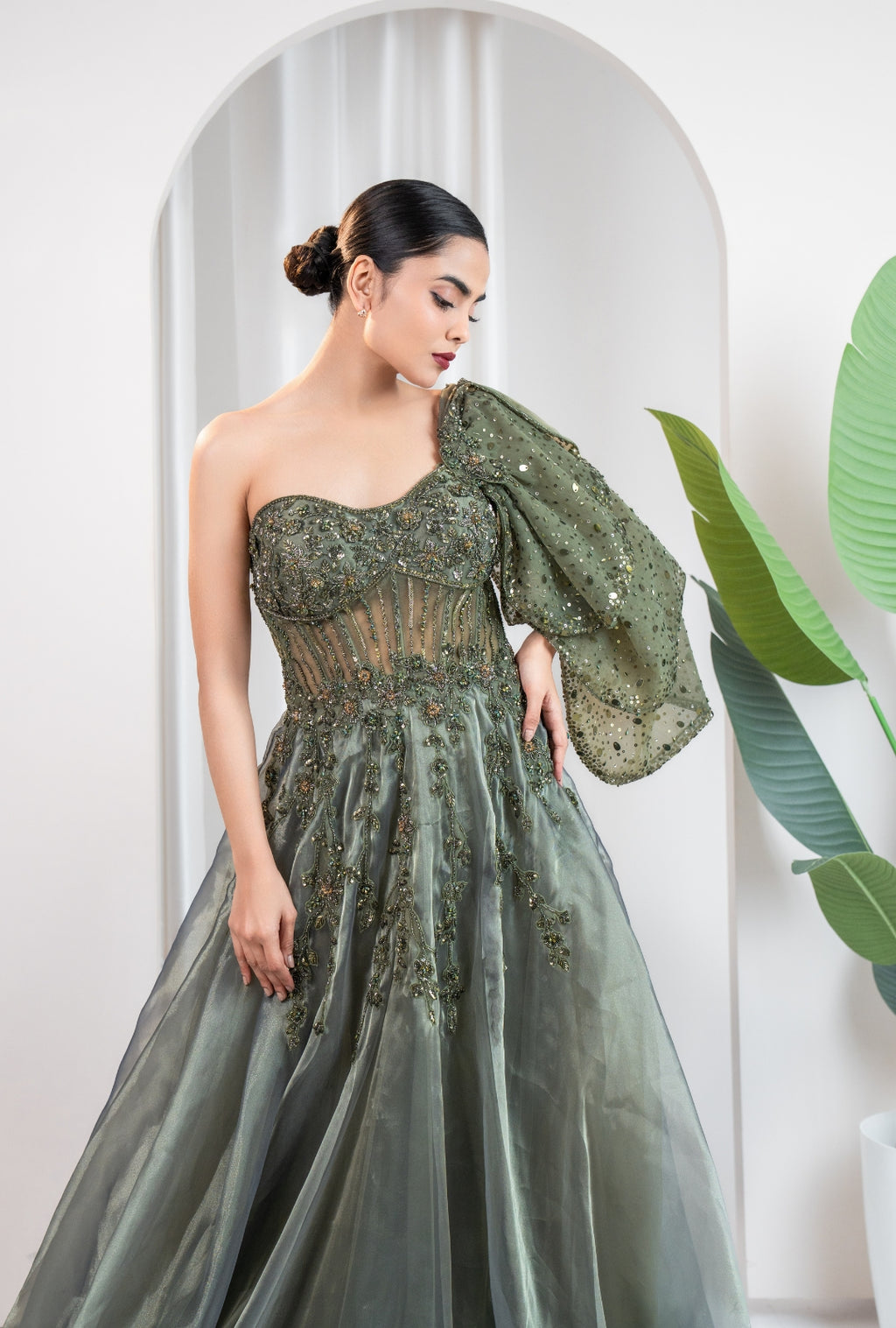 Glossy Olive One-Shoulder Corset Gown