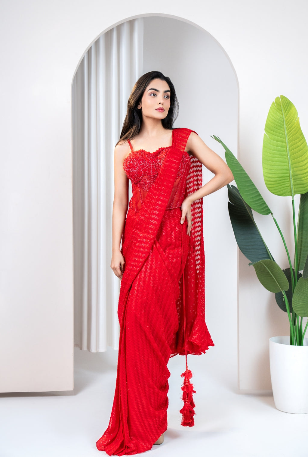 Scarlet Bloom Corset Drape Saree