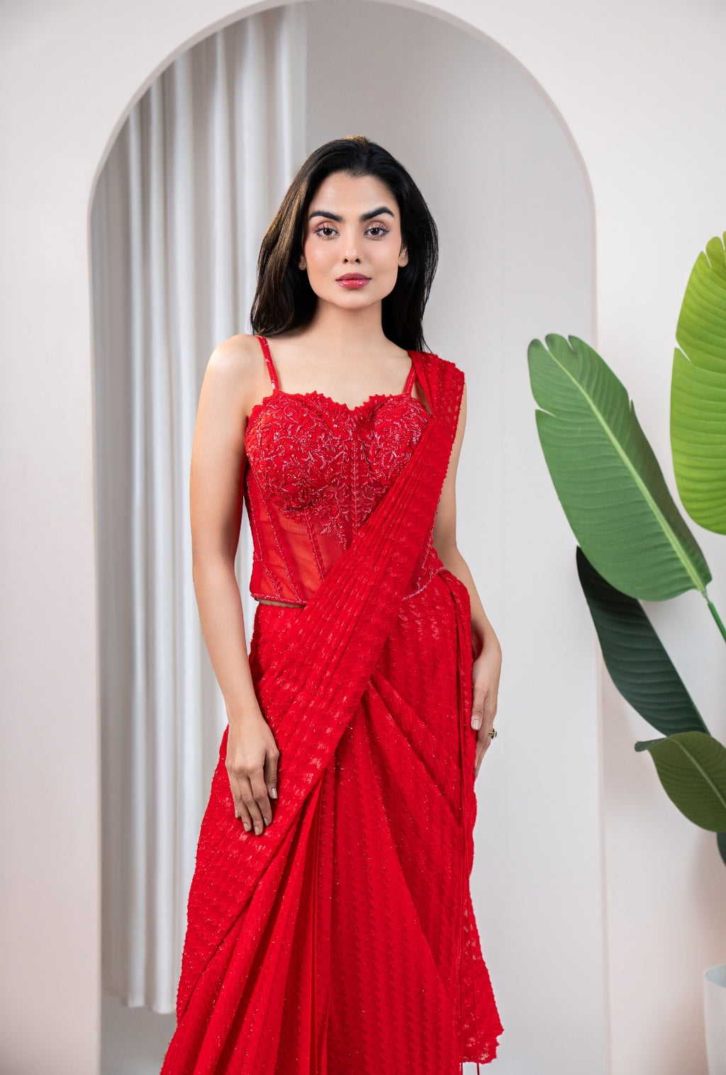 Scarlet Bloom Corset Drape Saree