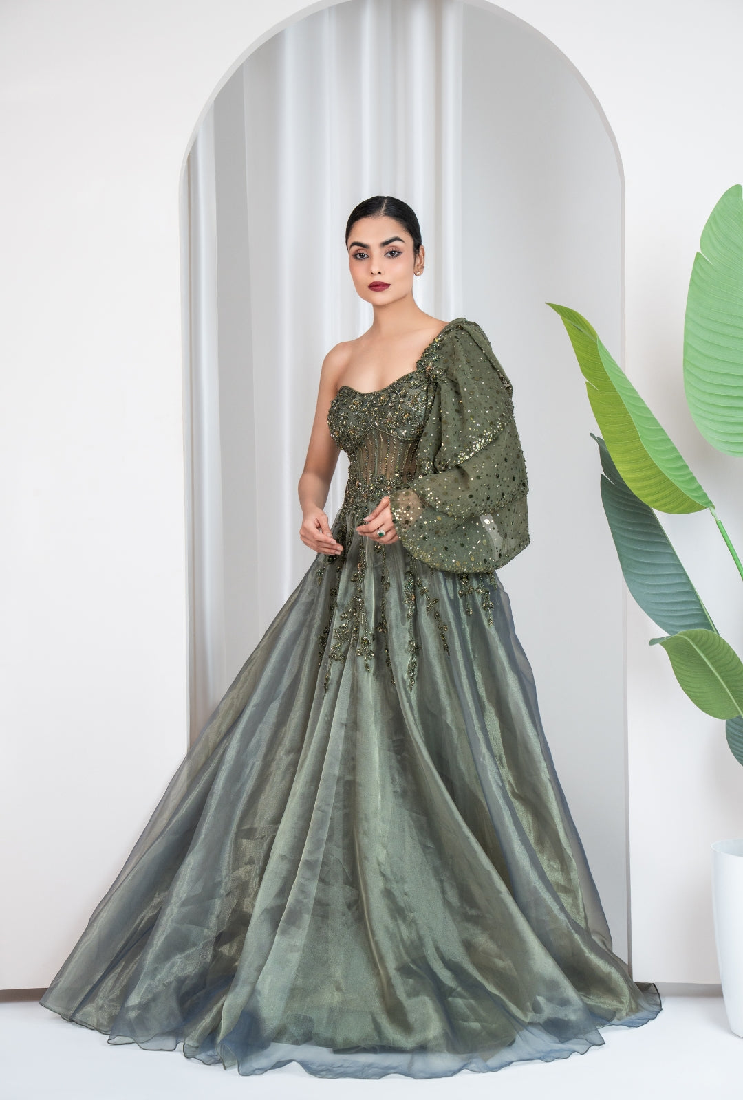 Glossy Olive One-Shoulder Corset Gown