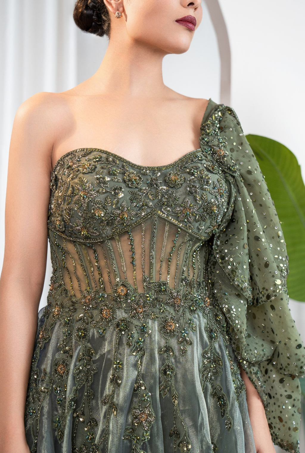 Glossy Olive One-Shoulder Corset Gown