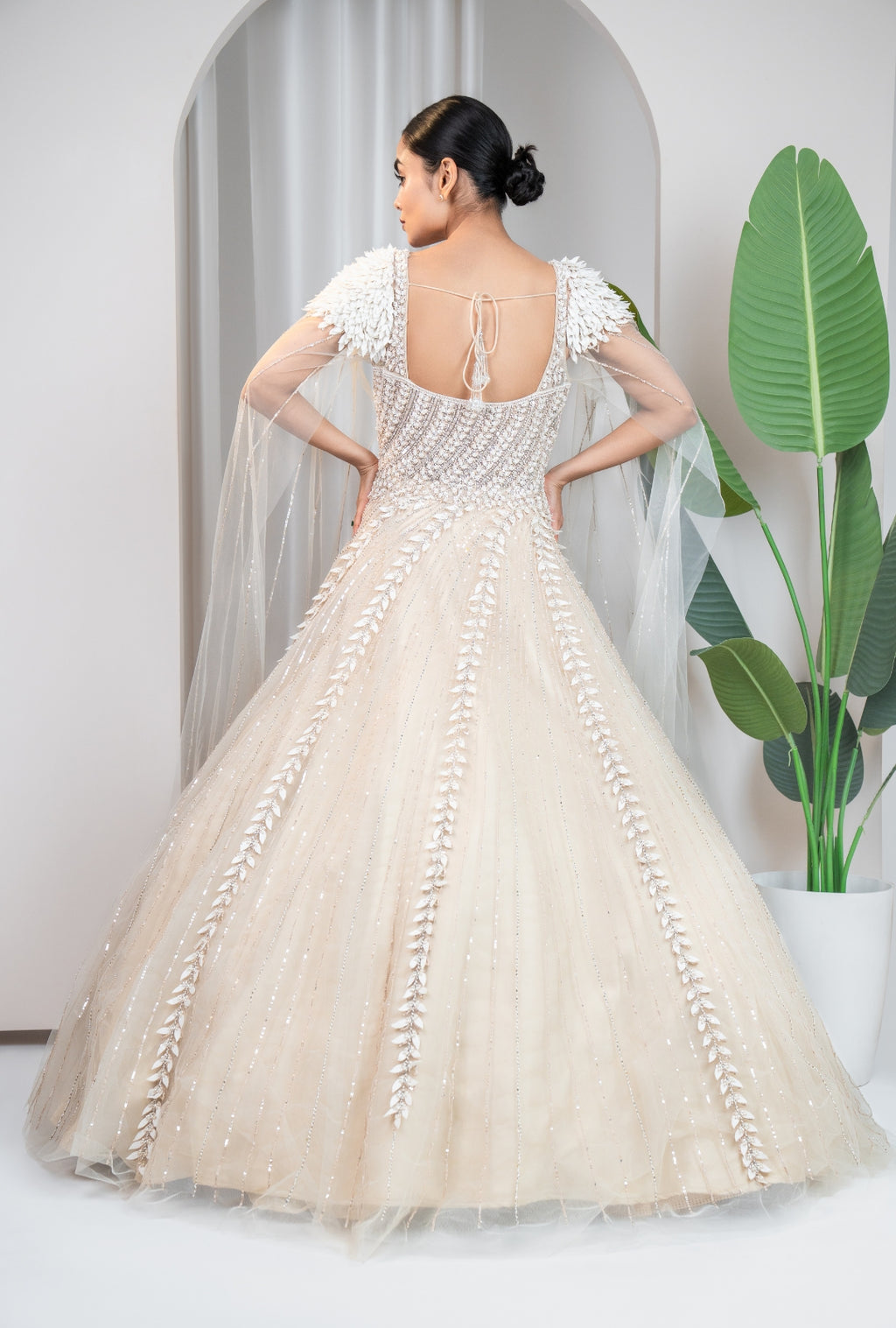 Beige Feather Embellished Gown