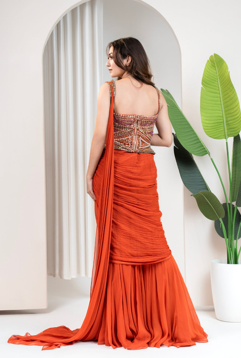 Sunset beads Corset Drape Saree
